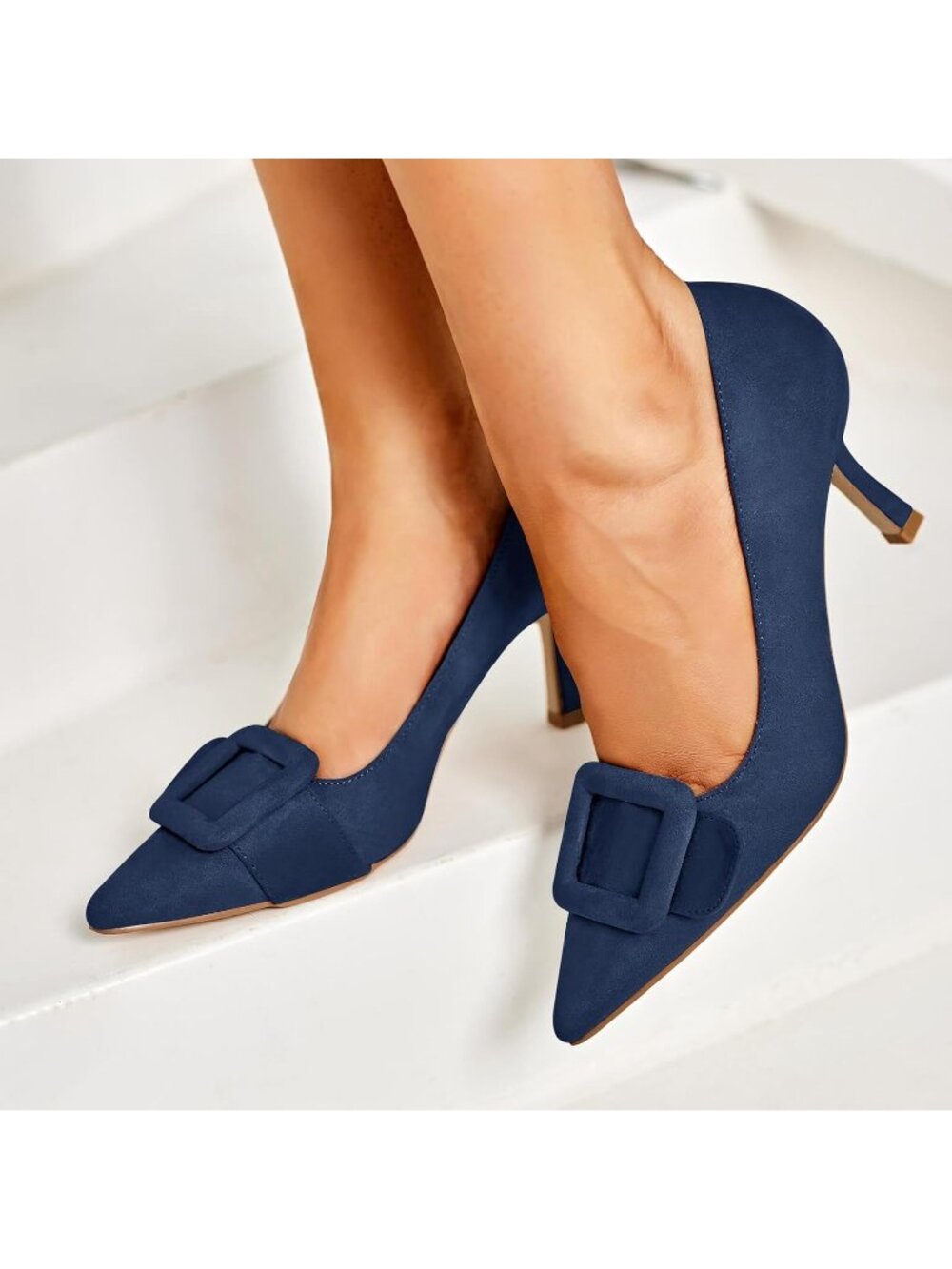 Women's Navy Faux Suede Closed Pointed Toe Stiletto High Heels Pumps Shoes - Picture 2 of 6